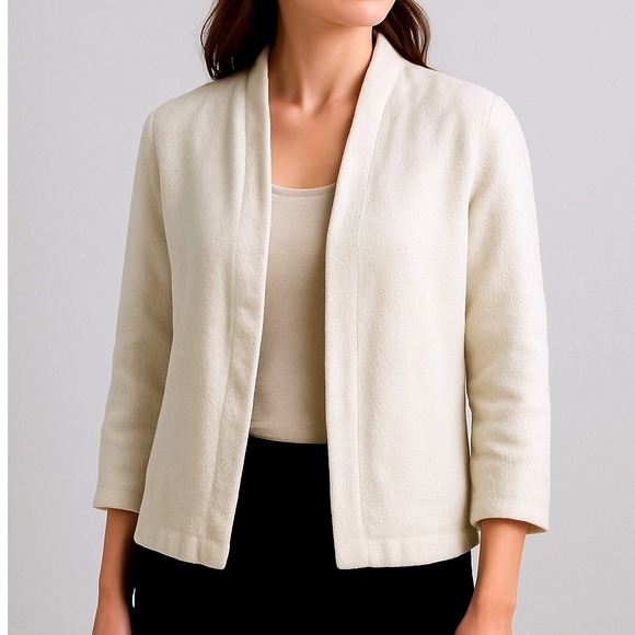Eileen Fisher Petite Linen Blend Jacket PM Cream Open Front Textured Lightweight - Picture 1 of 11
